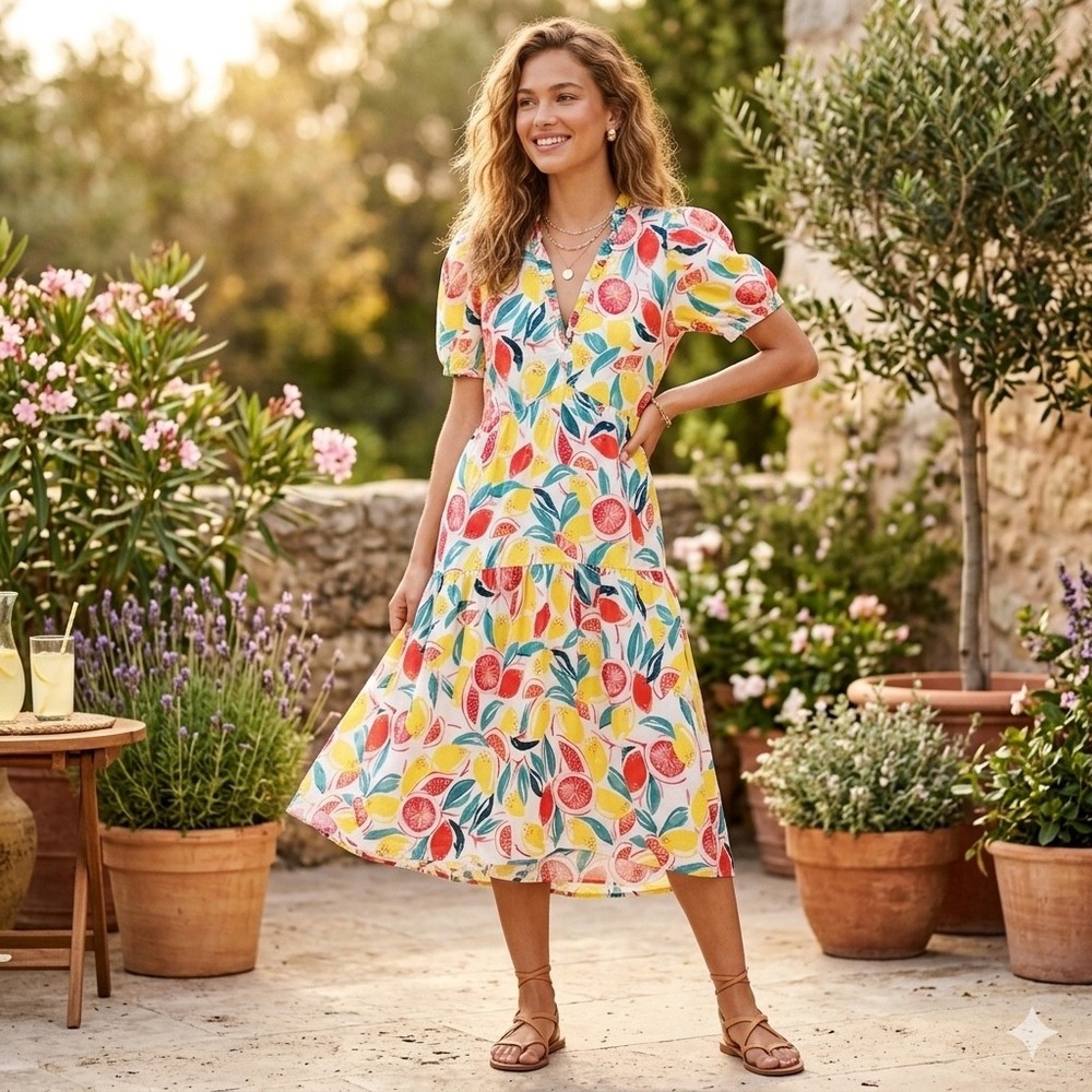 Donna Morgan‎ Citrus Fruit Print Ruffle V-Neck Tiered Midi Dress Womens 10 Multi